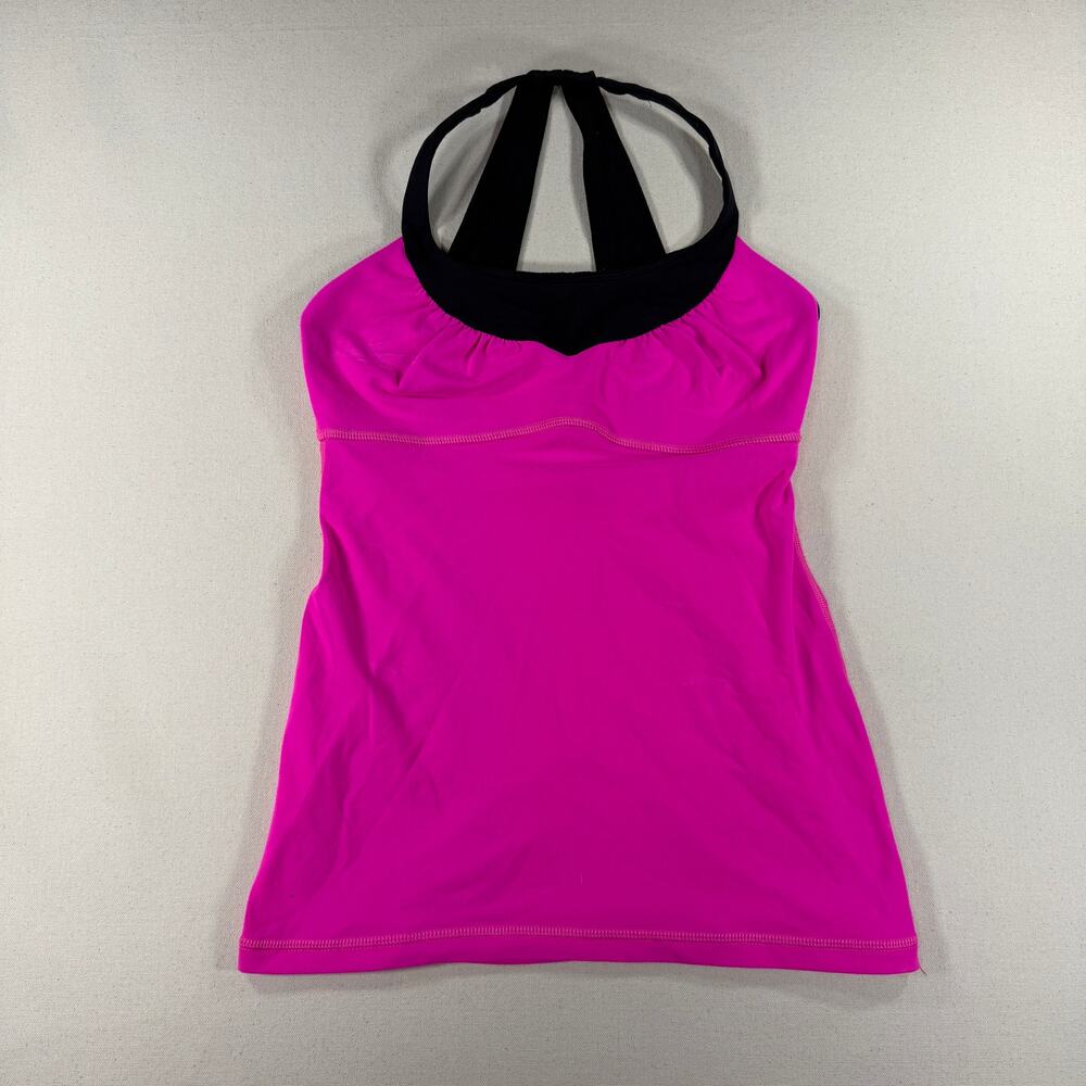 Lululemon Pink Black Strappy Back Athletic Tank Top Built-In Shelf Bra Size 4